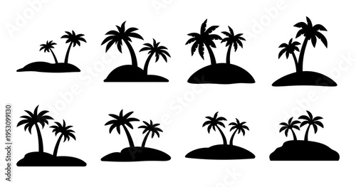 Collection of Tropical Islands with Palm Trees in Silhouette Style