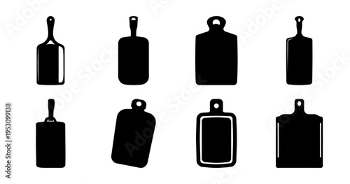 Various cutting board icons displaying different shapes and handle styles in black