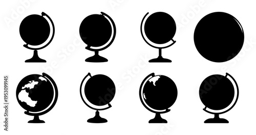 Collection of eight different globe icons in black silhouette on white background