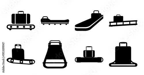 Black and white illustration of luggage moving along baggage claim conveyor belt