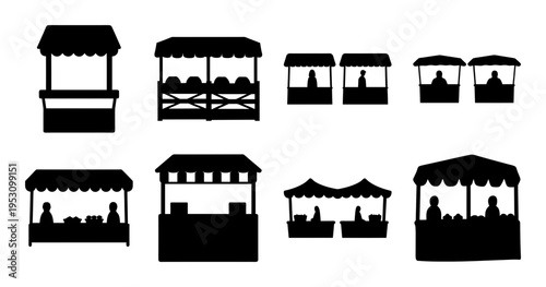 Silhouettes of various market stalls and vendor booths with different designs
