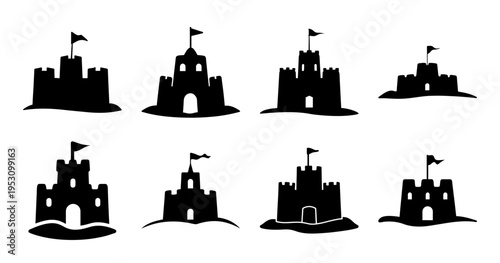 Eight different sandcastles rendered as black silhouettes on a white background