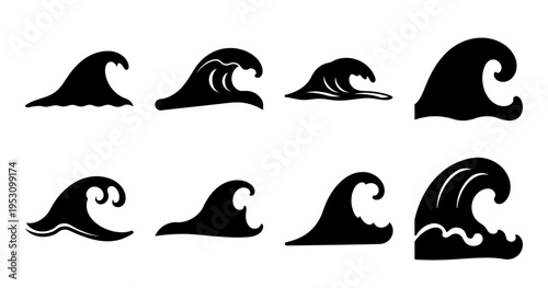 Set of stylized black sea wave vector design elements on white background