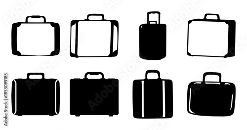 Collection of monochrome silhouettes of various luggage designs on a white background