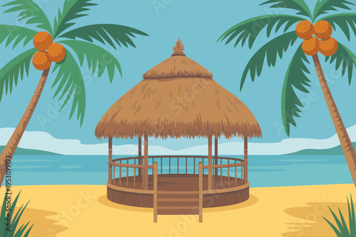 Beach vector, tiki hut palm trees illustration, retro coastal scene, turquoise sea yellow sand, vintage style design, flat graphic background