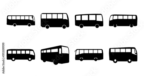 Various silhouettes of passenger buses depicted in black on white background