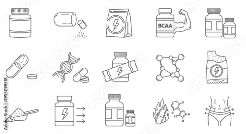 fitness and dietary supplements icon set for health workout and weight loss concepts featuring protein bcaa and energy products.