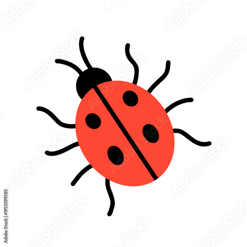 Vector simple red ladybug insect with black head, spots and legs. Cute flat beetle illustration for kids design, spring theme, logo, sticker, pattern, educational material and nature clipart.