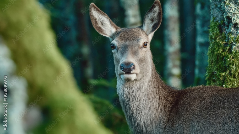 Fototapeta premium Wild deer standing alert among mossy trees in a dense forest.