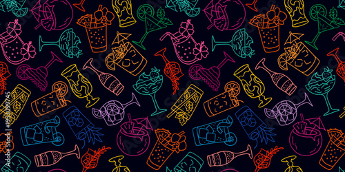 seamless pattern with neon line cocktails and tropical drinks on black background for night club bar menu and summer party