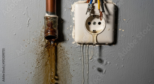 Water leak from pipe near electrical socket with damaging effects on wall surface