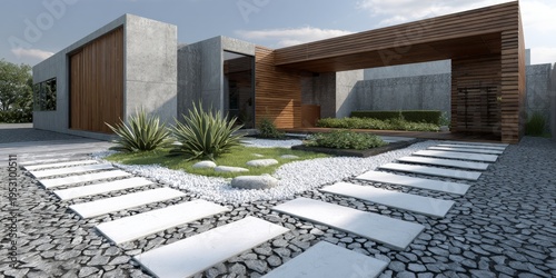 Modern minimalist house with concrete and wood facade, landscaped garden, and stone pathway under a clear sky.