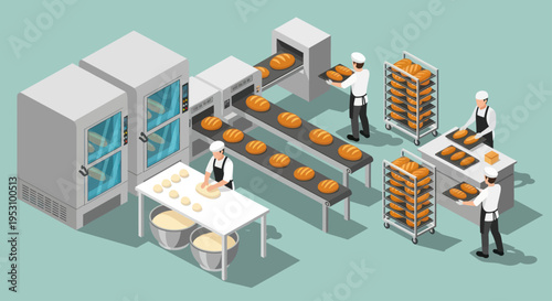 Industrial bakery production line with bakers and automated machinery.