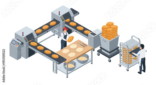Industrial Bakery Production Line with Workers and Baked Goods.