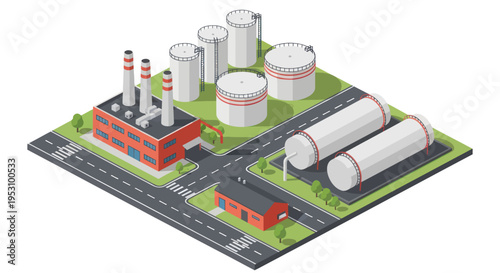 Industrial Complex with Factory and Storage Tanks.