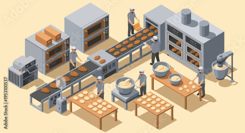 Industrial Bakery Production Line with Workers.