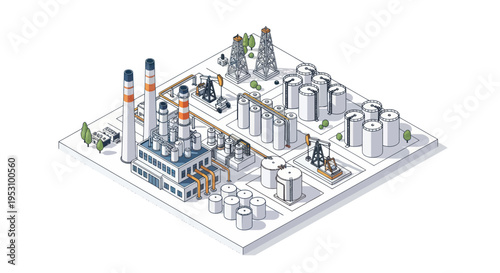 Industrial Complex with Oil Refinery and Storage Tanks.