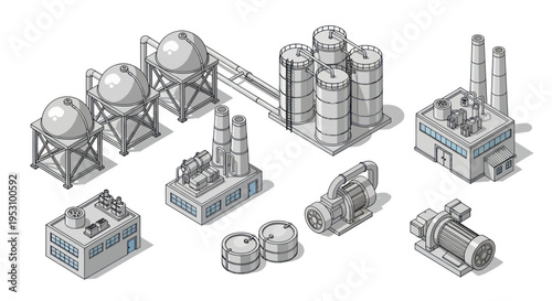 Industrial complex with various factory buildings and machinery.