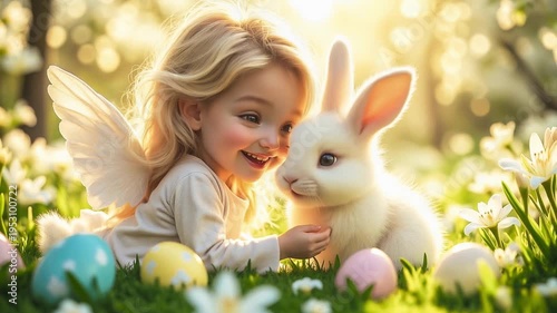 A beautiful white-winged angel pets a cute Easter bunny
