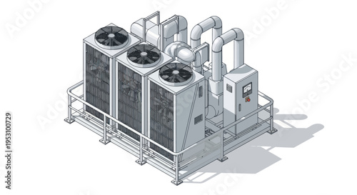 Industrial HVAC unit with fans and pipes on a platform.