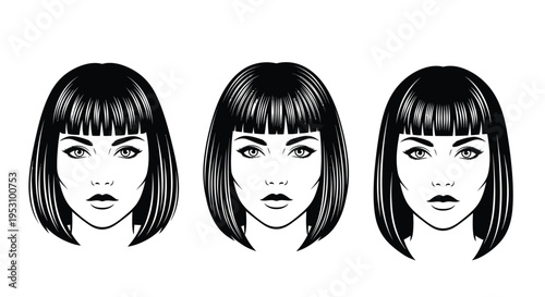 Three Black And White Illustrations Of Woman's Heads With Different Facial Expressions Isolated On White