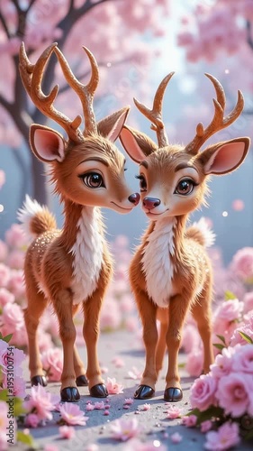 Cute Easter deer in a magical forest, surrounded by flowers and Easter eggs