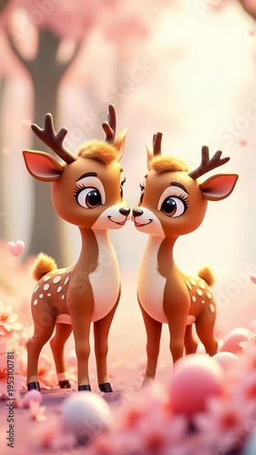 Cute Easter deer in a magical forest, surrounded by flowers and Easter eggs