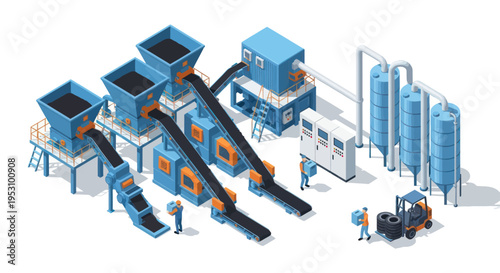 Industrial production line with machinery and workers.