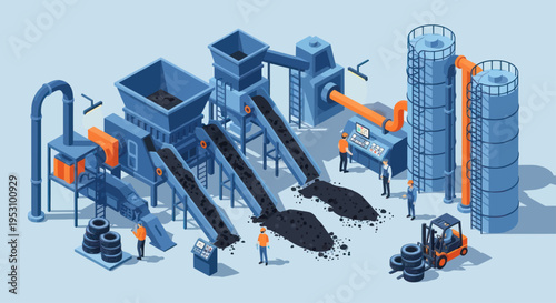 Industrial recycling plant processing waste materials with conveyor belts and silos.
