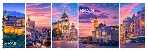 Colorful post stamps of Spain famous landmarks and architectures. Vector illustration of Spanish cities and tourist attractions. Covers for stamps, background, icons, stickers and advertisement.