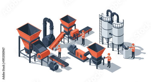 Industrial waste recycling plant with workers and machinery.