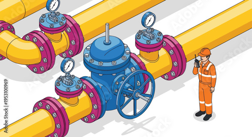 Industrial worker inspecting a complex network of gas pipelines and valves.