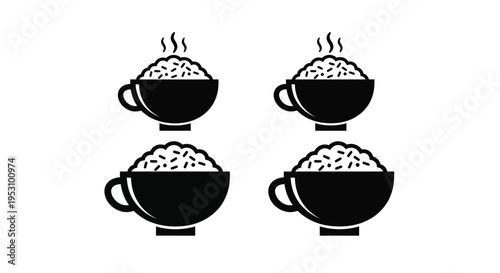 Black silhouette coffee cups with steam on a white background for beverage concepts