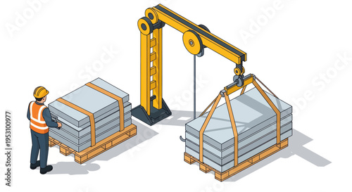 Industrial worker overseeing crane lifting heavy materials on pallets.