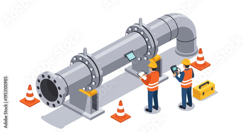 Industrial workers inspecting large pipeline section with digital tablets.