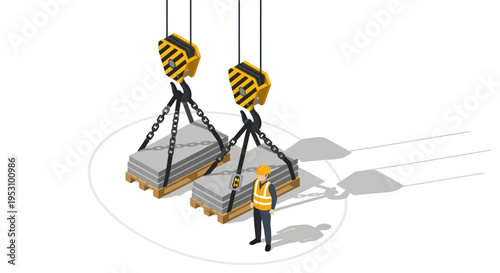 Industrial worker overseeing heavy lifting operation with cranes.