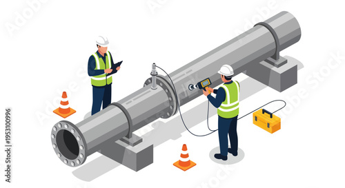 Industrial workers inspecting large pipeline with ultrasonic testing equipment.