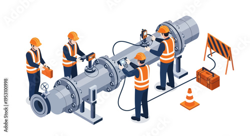 Industrial workers performing maintenance on a large pipeline.