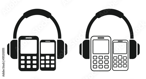 Headphones with dual cell phones for audio and communication concepts on a transparent background