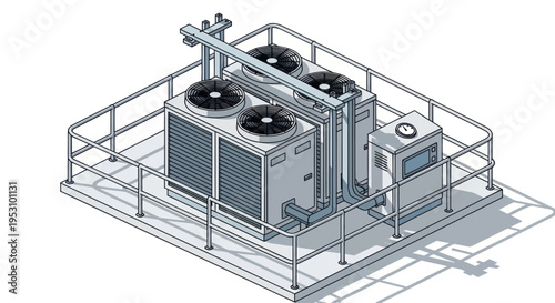 Isometric illustration of a rooftop HVAC unit with safety railing.