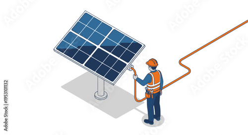 Isometric illustration of a worker connecting a solar panel.