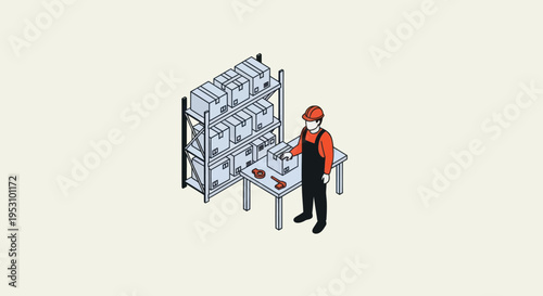 Isometric illustration of a worker in a warehouse setting.