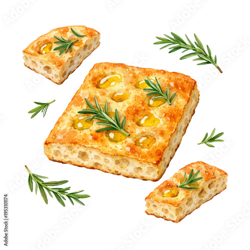 A watercolor collection of focaccia bread slices, featuring golden crust with olive oil, herbs, and rosemary sprigs, isolated on a transparent background.