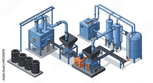 Isometric illustration of a tire recycling plant with various machinery.