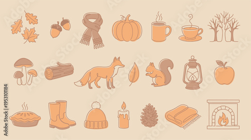 Charming collection of cozy autumn icons featuring woodland animals, warm drinks, and seasonal decorations.