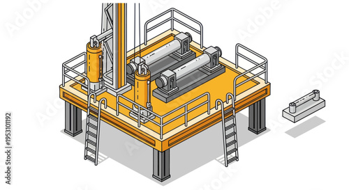 Isometric illustration of an industrial drilling rig platform with machinery.