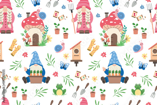 Cute gardening seamless pattern with gnomes mushroom house and plants