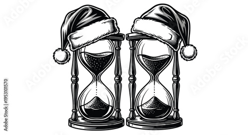 Two Christmas hourglasses wearing Santa hats on a white background for holiday time concepts