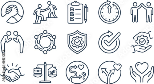 A comprehensive set of line art icons depicting business, teamwork, support, security, and ethical considerations.