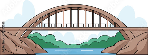 Arch Bridge over River in Nature Landscape with Mountains, Flat Vector Illustration Isolated